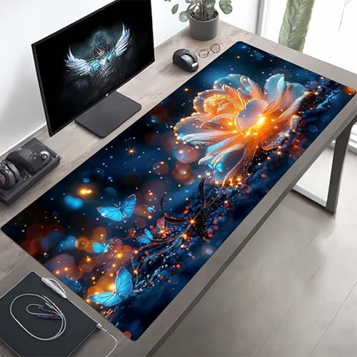 Gaming Mauspad 1600x800x3mm Gaming Mousepad XXL Blume Schwarz Mauspad Schreibtischauflage, Genähte Kanten Mausmat, rutschfeste Gummibasis, Schreibtisch Schutz für Home Büro, Geschenke PjY11080 7-X