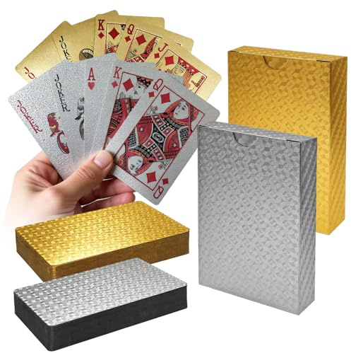 Rongrongago 2 Stück Gold Und Silber wasserdichte Diamant Spielkarte, Waterproof Playing Cards, Plastik Pokerkarten, Poker Karten, Kunststoff Pokerkarten für Kartenspiele, Reisespiele