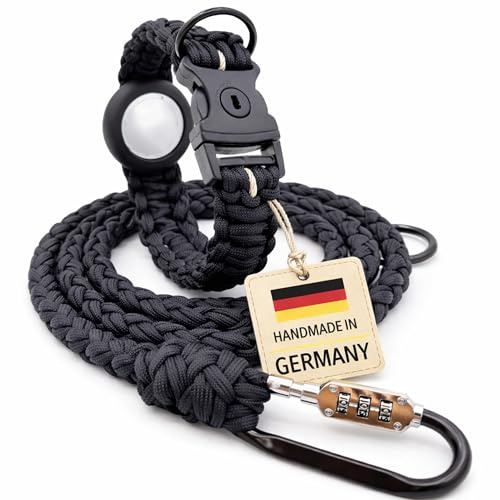 HUNDUM SICHER® Anti-Diebstahl Hundehalsband & Leine - Abschließbar & schnittfest, mit versteckter AirTag-Halterung, handgemachtes Set aus Paracord mit Stahlseil-Kern (Leine Gr. S (150cm))
