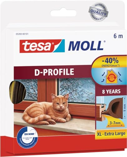 tesa INSULATION Gummidichtung XL - Selbstklebende Dichtung zum Isolieren von Spalten an Fenstern und Türen - Braun - 6 m x 9 mm x 7 mm