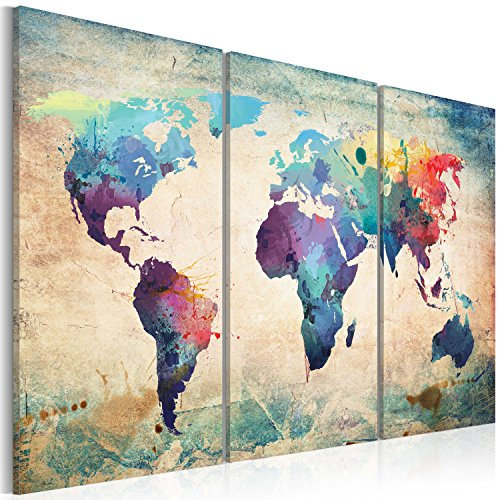 B&D XXL Acrylglasbild Weltkarte 90x60 cm 3 Teilig Wandbild auf Acryl Glas Bilder Kunstdruck Moderne Wanddekoration - Landkarte Reiste retro Kontinente k-C-0014-k-e