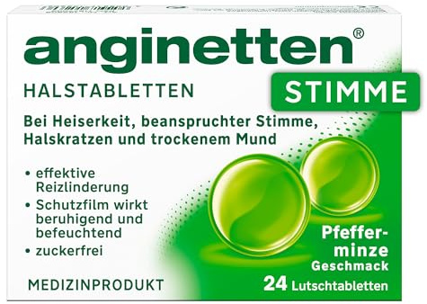 anginetten Stimme Lutschtabletten | bei Heiserkeit | 24 St | Mit Isländisch Moos & Hyaluronsäure, bei Halskratzen & trockenem Hals, zuckerfrei mit Pfefferminz, ab 6 Jahren