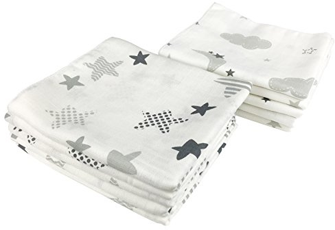 M.M.C. Mullwindeln Baby 10er Pack 80x70 cm – Spucktücher, Mulltücher und Stoffwindeln aus 100% Baumwolle, ÖKO-TEX Zertifiziert, saugstark und waschbar (Wolken & Sterne)