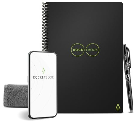 Rocketbook Lined Cahier de Note Effacable - Réutilisable Bloc Note Numerique, Notebook A5 Noir, Carnet Spirale de Notes Ligné, Stylo Effacables Pilot Frixion Inclus, Gadget Insolite Utile