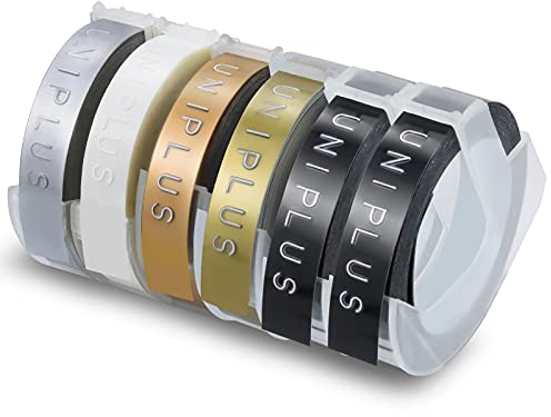 UniPlus Etikettenband Kompatibel mit Dymo Omega Prägeband als Ersatz für Dymo 9mm 3D Prägeetiketten Junior S0717930 für Motex E-101 E-103 Weiß auf Schwarz Gold Champagner Gold Silber Transparent