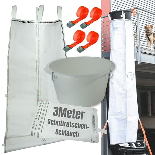 Schuttrutsche 3m | Flexible 3 Meter Schlauch, hohe Stabilität, einfache Installation | Bauschuttrutsche inkl. Einfülltrichter und 4X Spanngurt optimales Set (3 Meter)