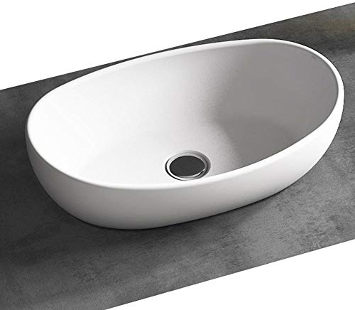 BERNSTEIN Aufsatzwaschbecken 50x32x14 cm aus hochwertigem Mineralguss – Weiß matt, Oval, porenfreie Oberfläche, DIN-Anschluss, ohne Überlauf – Möbelwaschbecken, Handwaschbecken mit Ablaufgarnitur