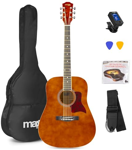 MAX SoloJam Westerngitarre, Akustik Gitarre Set, Acoustic Guitar, Akustikgitarre 4/4 mit Tasche, Plektrum, Stimmgerät, Schultergurt und Stahlsaiten, Anfängergitarre in Braun