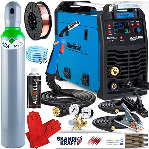 ALLWELD Sherman DIGIMIG 200X SYNERGIC - Vollsynergisches Kombi MIG MAG Schweißgerät Schutzgas & Fülldraht - Mit Induktivität, WIG, MMA, Punktschweißen und Lötschweißen - Set:Professional