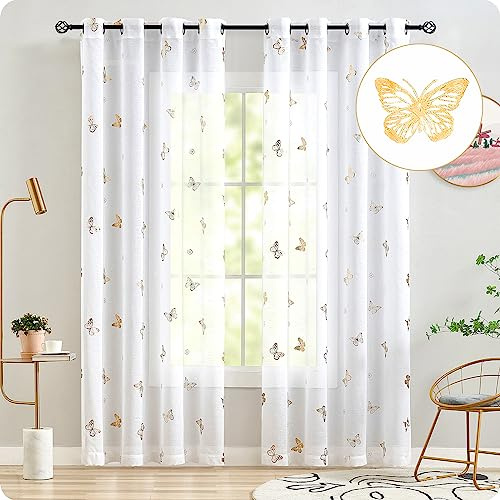 Treatmentex Vorhänge Transparent Gardinen mit Ösen Gold Schmetterling Druck Gardinen Voile Dekoschal Ösenvorhang für Mädchenzimmer, Kinderzimmer, Babyzimmer-2 Stücke(Weiß,140 x 225 cm)