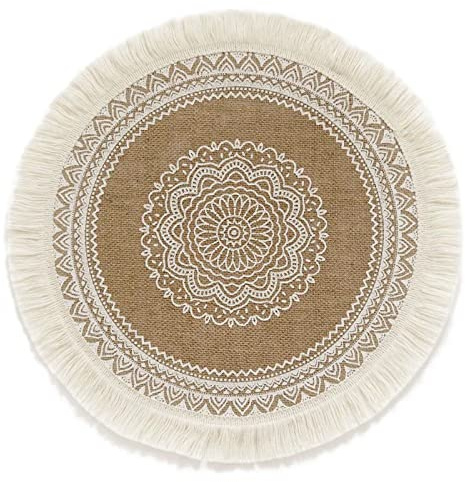 YIZUNNU Macrame Placemats Set of 4 - Boho Cotton Woven Round Tassels Table Mats for Dining Room Kitchen Table Decor
