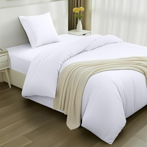 Utopia Bedding 3teilig Bettwäsche-Set - Weiches gebürstetes Mikrofaser-Gewebe - Bettbezug (135x200cm), Spannbetttuch (90x200cm) mit Kissenbezug (80x80cm), Weiß