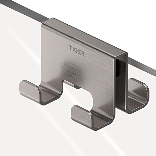 Tiger Caddy Haken doppelt für Duschkabine und Glastüren, zweiseitiger Handtuchhaken zum Einhängen auf der Glaswand, Türhaken passend für Glasstärken von 6-8mm, Montage ohne Bohren, Edelstahl gebürstet