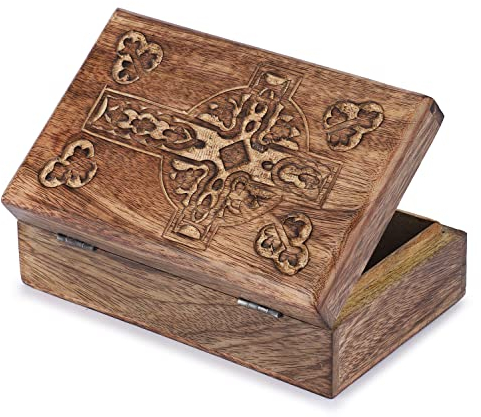 Ajuny Scatola Portagioie Decorativa Intagliata a mano in Legno con Design a Croce Celtica Multiuso Organizer da Viaggio per Collane Orologi Regali 8x5 Pollici