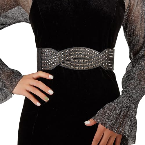 CWCYYDSYY Damen-Gürtel, Nieten, Vintage, breiter Bund, Nieten, elastisch, modisch, Leder, dehnbar für Kleider (Schwarz, 2), Schwarz, Einheitsgröße