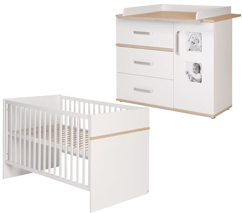 roba SET 'Pia‘, 2-tlg, inkl. Kombi-Bett 70 x 140 cm und breiter Wickelkommode, weiß/'Sanremo Eiche‘