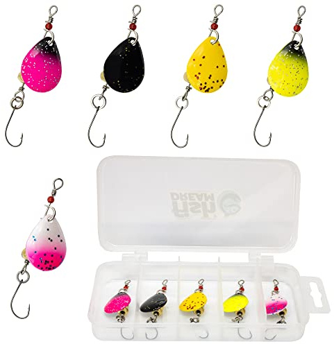 Fishdream Forellen Spinner Set – 5 UV-aktive Forellenköder inkl. Tackle Box – 3,5g oder 4,5g – Extra großes Spinnerblatt für Starke Druckwellen – Forellenspinner Kit für Forellenteich & Bach