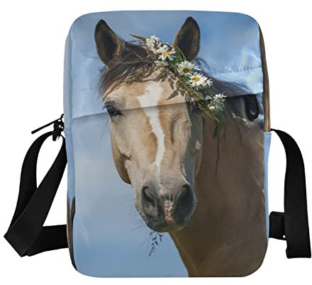 Lustige Cream-Pferd-Blumenkranz-Umhängetasche, klein, lässig, Kuriertasche, Handytasche, Geldbörse für Damen, Herren, Kinder, Mehrfarbig, Einheitsgröße