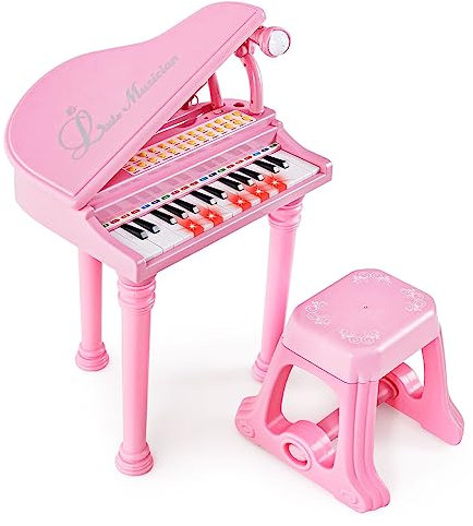 COSTWAY 31-Key Kids Toy Piano, Children Electronic Keyboard with Stool, Microphone, LED Teaching Mode, Recording and Play Function, Toddlers Musical Instrument for Boys Girls (Pink)