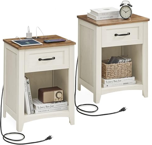 VASAGLE LIRY Collection - Farmhouse Nightstands with Charging Station, Set of 2 Bedside Tables, Side Tables with Drawer, Open Compartment, for Bedroom, Rustic White and Honey Brown ULET859K41