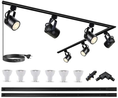Bravsekai 6 lampen, zwart, modern, 6000 K, woonkamer, slaapkamer, eetkamer, binnenverlichting, keuken cucina track light kit,10W LED H-type track spot met extra 2m