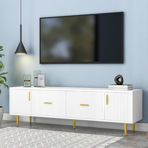 KOMHTOM Meuble TV classique de couleur blanche - Buffet avec 2 portes et 2 tiroirs avec façades verticales rayées - Commode pour salon, chambre à coucher et couloir (C)
