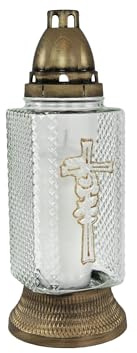 Cemetery Memorial Candle - Gravesite Remembrance Decoration - Unique Traditional Decorative White Glass Candle with Gold Cross Decoration (H:11.4in x W:6.5in) Product from Poland.