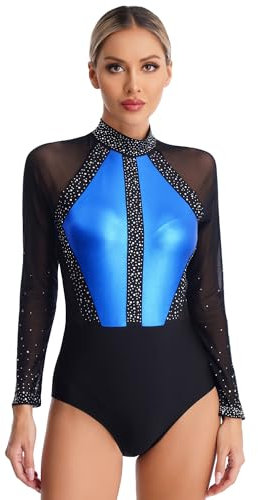 Alvivi Damen Ballettanzug Glitzer Turnanzug Langarm Gymnastikanzug Patchwork Ballett Trikot Tanzbody Gymnastik Leotard Wettbewerb Tanzkostüm Royal Blau XXL