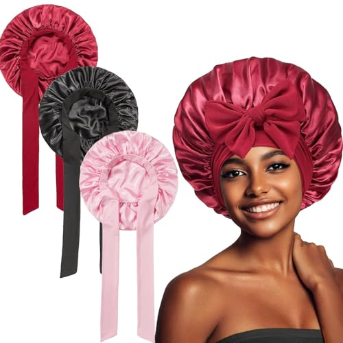 TYXHXTF 3 Stück Satin Haarhaube, Seidenhaube Zum Schlafen, Seide Schlafmütz, Bonnet Schlafhaube, Haarhaube für Die Nacht, Seiden Schlafmütze für Schlaf, Dusche, Haarpflege, Spa, Friseursalons
