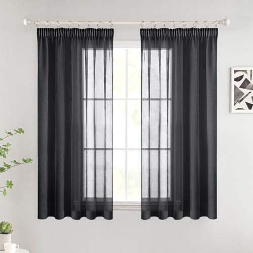 Woaboy Gardinen mit Kräuselband Kurz Voile 2er Set 140x145 cm Schwarz | Vorhänge Wohnzimmer Transparent Sheer Curtains Stores Gardine Schlafzimmer Modern Schlaufengardinen