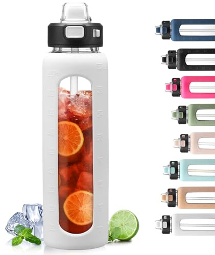 BLUEGO 900ml Glass Water Bottle with Handle and Straw Drinking Hydration Bottle with Silicone Sleeve and Time Marking Motivational Water Bottle for Gym Sports Outdoor Leak-proof,White