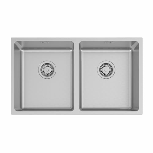 Lussena® 750 x 440mm Stainless Steel Kitchen Sink 2.0 Double Bowl Sinks Inset, Free Basket Strainer Waste