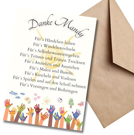 Karte Abschiedsgeschenk Erzieherin personalisiert bunte Hände | Kita Kinderpflegerin | Geschenk Kindergarten Danke Sonne (DIN A6 Postkarte + Briefumschlag natur)