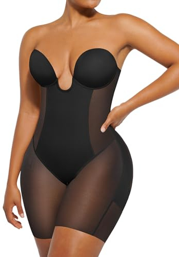 SHAPELLX Womens Strapless Shapewear Tummy Control Shorts Bodysuit U Plunge Corset Backless Body Shaper with Push Up Bra M