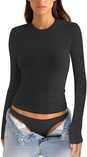 EasyGala Cotton Long Sleeve Shirts Women Crew Neck Slim Fit Basic Going Out Crop Y2k Outfits for Spring Fall Crewneck Tight Tops Fashion Trendy Undershirt Stretchy 2026 Black