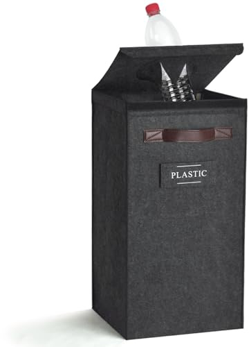 Recycling Bin for Kitchen 26 Gallon, Indoor Recycle Bin with Lid, 100L Recycle Trash Can, Large Recycling Bin for Home with Plastic Glass Metal Labels (Grey, 26 Gallon)