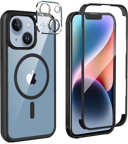 Leedia Kompatibel mit Magsafe iPhone 14 Hülle 360 Grad Schutz Schwarz | Ganzkörper Schutzhülle mit Eingebauter Panzerglas Displayschutz Stoßfest Case Handyhülle für iPhone 14 6.1