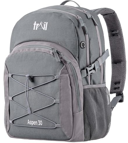 Trail Aspen Day Pack Backpack, 30L, Grey | Breathable Padded Back & Straps, 3 Zip Compartments, Side Pockets, USB / Headphone Port, Bungee Cords, Compression Straps