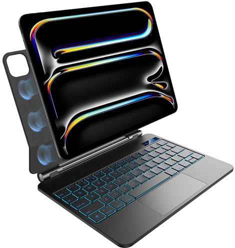 nimin Funda con teclado para iPad Pro de 11 pulgadas M4 2024, retroiluminación de 7 colores, trackpad multitáctil, diseño magnético flotante, pantalla de batería, negro obsidiana
