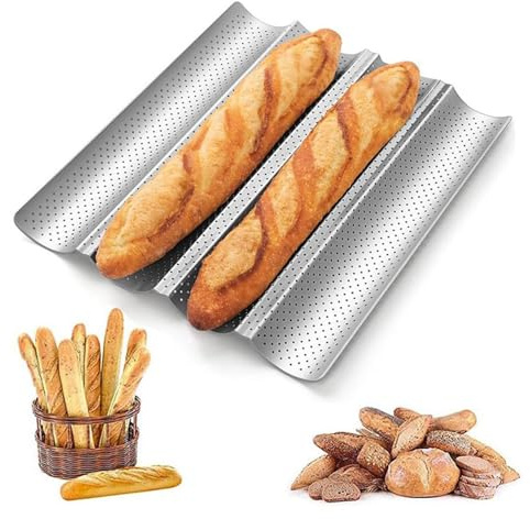 Parthan 4 bröd baguette-bakform, silver, non-stick-belagd bakform för perfekta baguetter, baguettetillbehör, baguette-bakform för hem av kolstål, 38 x 33 cm