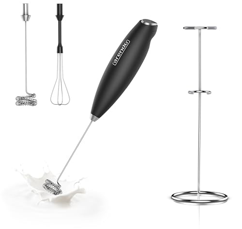 Arendo - Handheld Milk Frother MINI MILKSPACE, Electric Milk Foam Maker with Stainless Steel Whisk, Portable Battery Operated Coffee Stirrer for Lattes, Cappuccino, Matcha, Compact, Easy to Clean