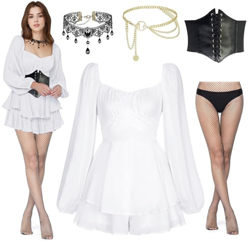 Vestido Medieval Mujer, Costume Victoriano Renacentista Medievales, Disfraz Pirata Mujer Cinturones con Cadena Cintura, Gargantilla, Cinturón, Medias Perfecto para Fiestas Carnaval Halloween Disfraz