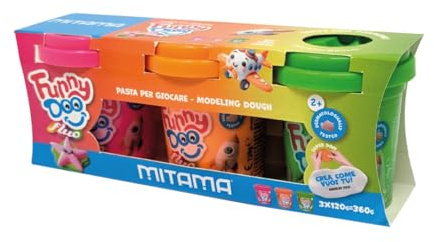 Mitama Tris 3 Barattolini Funny Doo, Pasta da modellare, 3 pezzi, Arancio Rosa e Verde Fluo, da 2 anni in su, Gioco e Tempo Libero, Bambini