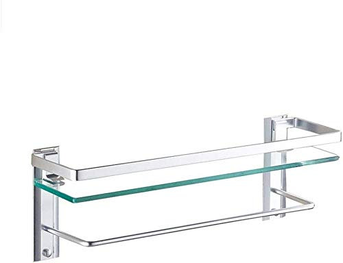 Mxxephemer Glasregal fürs Badezimmer Glasregal fürs Badezimmer Space Aluminium Regal aus gehärtetem Glas Quadratisches Badezimmerregal mit Handtuchhalter und Stange zur Wandmontage (Größe: 50 cm) (50