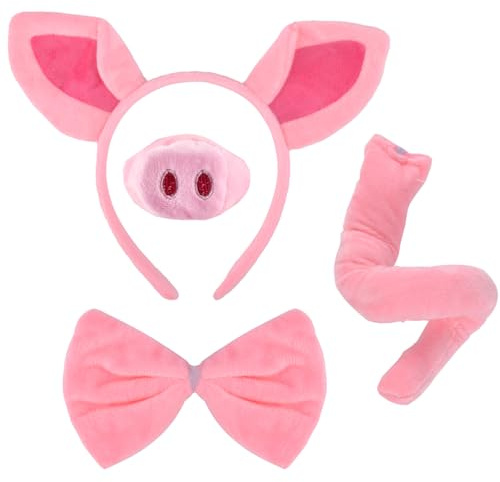 GWAWG 4-delad gris kostymset, rosa djur gris öron pannband, falsk gris nos gris rullad svans fluga grisöron pannband cosplay festtillbehör för karneval, halloween, barns födelsedagsfest