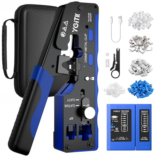 YGiTK Pince à Sertir RJ45 Kit d'Outils de Sertissage RJ45 Testeur de Câble Réseau avec Pince à Dénuder et CAT6 Tête en Cristal Plaqué Or pour Connecteur Réseau CAT5/CAT6/CAT6A/CAT7