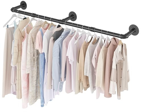 SMILOVII Wall Mounted Clothes Rail, Industrial Pipe Clothes Rails Wall Mounted, 164cm Detachable Metal Clothing Rail for Hanging Clothes For Home Shops and Closets