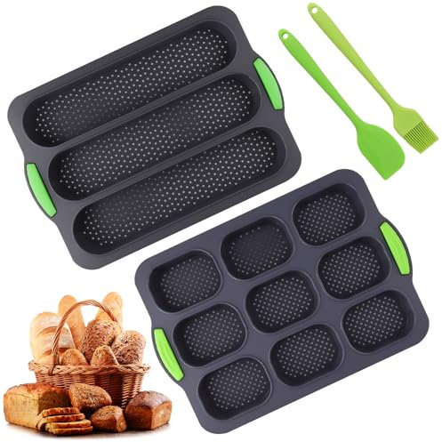 Molde Pan Horno, Moldes Silicona Reposteria, Molde silicona Bizcocho Ovalado de 9 Casillas, Baguette Bandeja de 3 Compartimentos, Con Cepillo y Espátula de Silicona, Perfecta para Repostería Casera