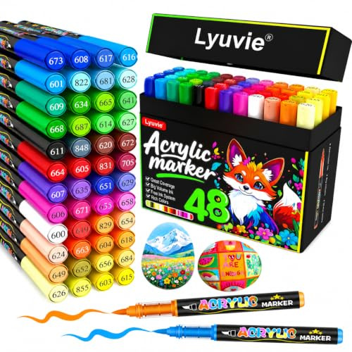 Lyuvie 48 Colores Rotuladores Acrilicos con Pincel a Base de Agua, Permanentes Acrylic Brush Markers para Pintar Piedras,Tela,Papel, Guijarros,Madera,Vidrio y Plástico