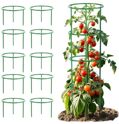 Glvomazty 10 Supports de Tuteur Tomate Cerise, Tuteur pour Plante Amovible, Support pour Plantes Grimpantes, Anneau de Support de Plante Pieux à Hortensias,Pivoines,Plantes, D x H : 20 x 16 cm 60pcs